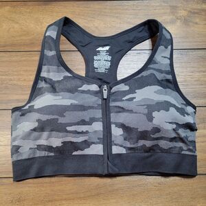 Avia Padded Sports Bra Front Zip Closure Black Camo - Size 3XL
